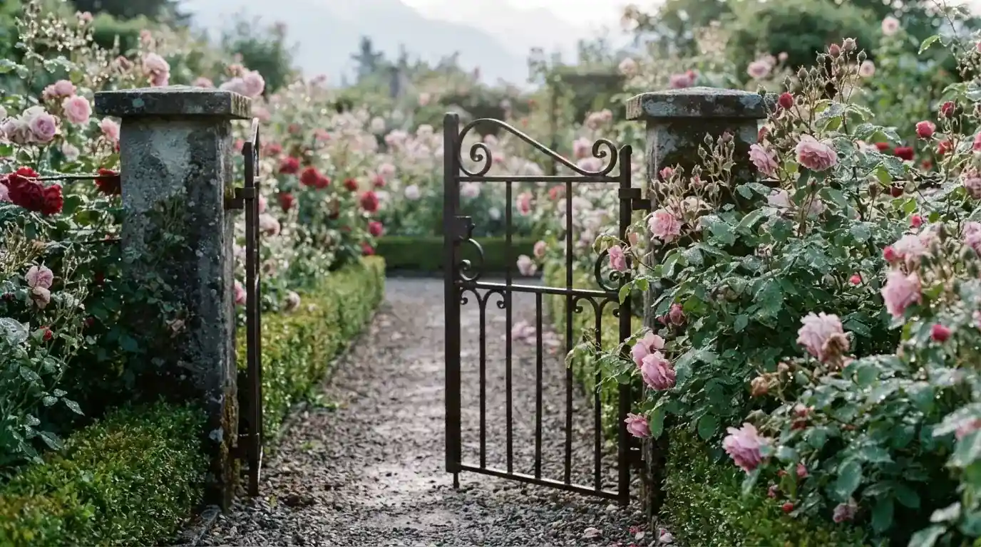 Ein Eisentor steht halb offen vor einem Garten mit Rosen, auf den Blättern liegt der Morgentau.