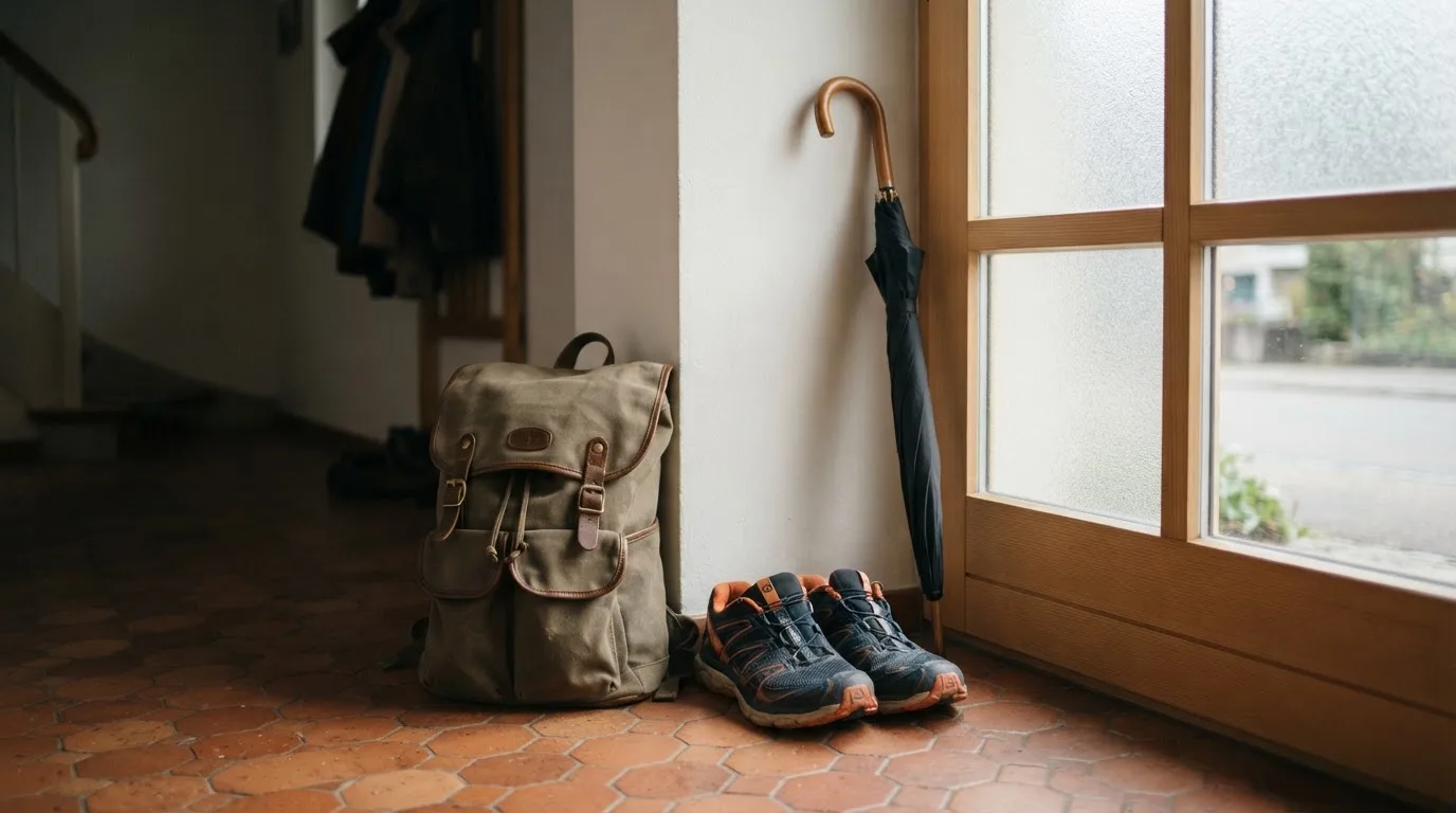 Ein Rucksack und Turnschuhe stehen an einer Haustür, daneben ein Regenschirm, durch das Glas fällt Morgenlicht.