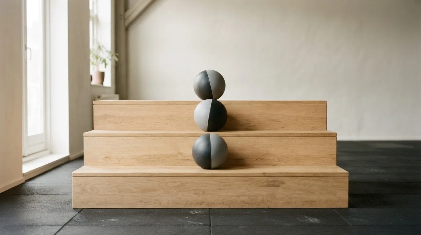 Eine Holztreppe mit drei Stufen in einem Fitnessraum, auf jeder Stufe liegt ein Medizinball.