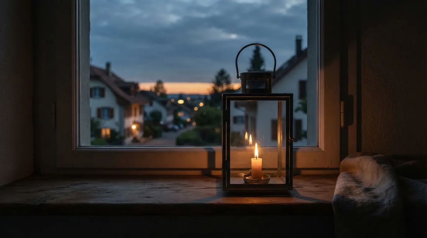 Eine brennende Kerze in einer Glaslaterne steht auf einem Fensterbrett, draussen ist die Dämmerung hereingebrochen.